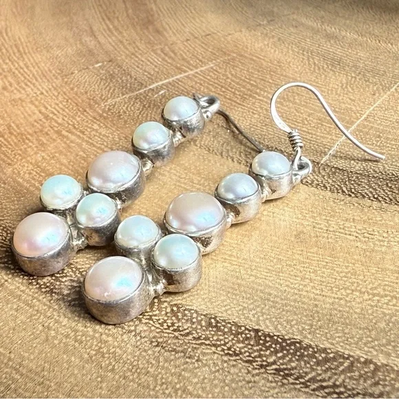 925 Sterling Silver Pearl Dangle Earrings - White & Pink Pearl Drop Artisan - Picture 4 of 7